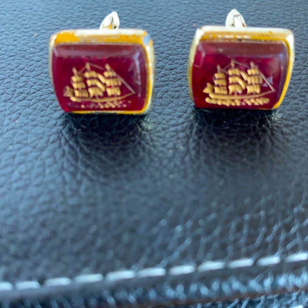 Vintage gold tone  rectangular whale toggle red & gold sailing ship cuff links